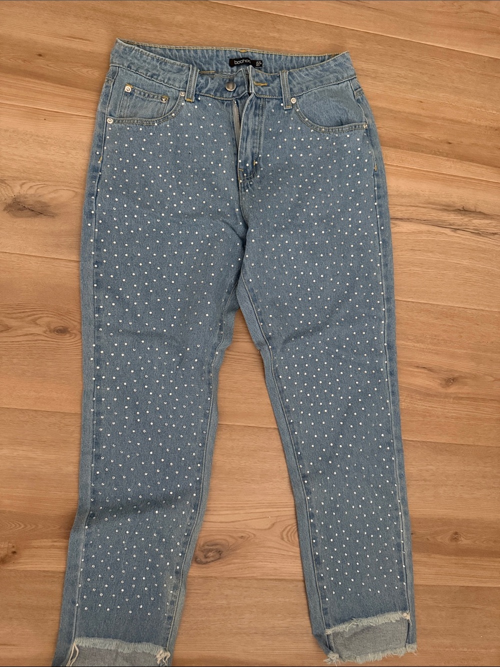 Boohoo Light Blue Skinny Jeans with Rhinestone Detail